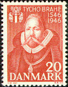 Danskt frimärke, utgivet 1946 till 400-årsminnet av Tycho Brahes födelse 