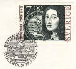 Drottning Kristina - frimärke utgivet till minne av Westfaliska freden 350 år